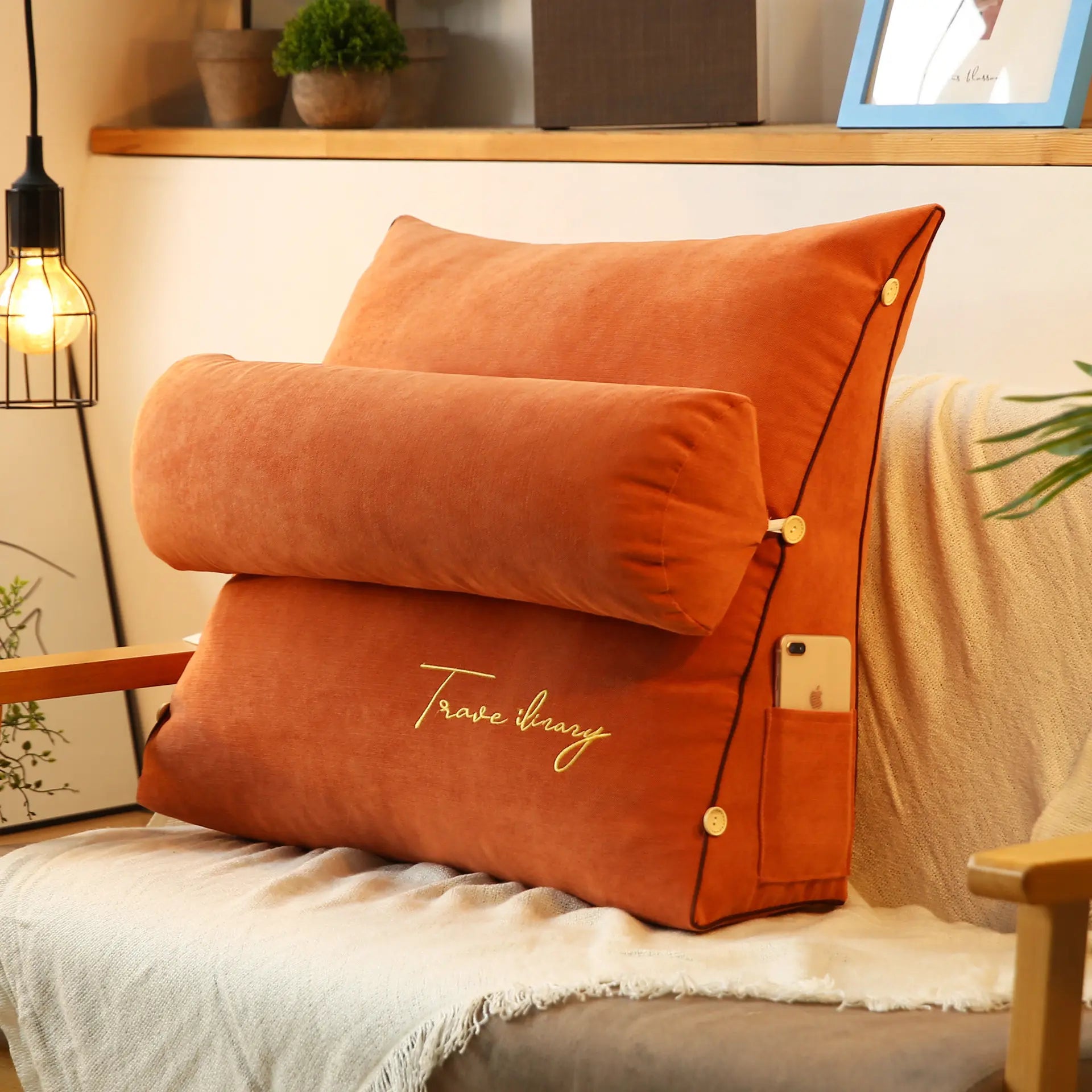 Reading Pillow with Adjustable Backrest Orange 18"×18"