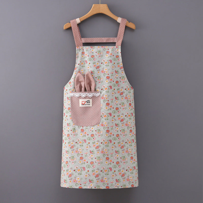 Floral Waterproof Kitchen Apron Green Strap