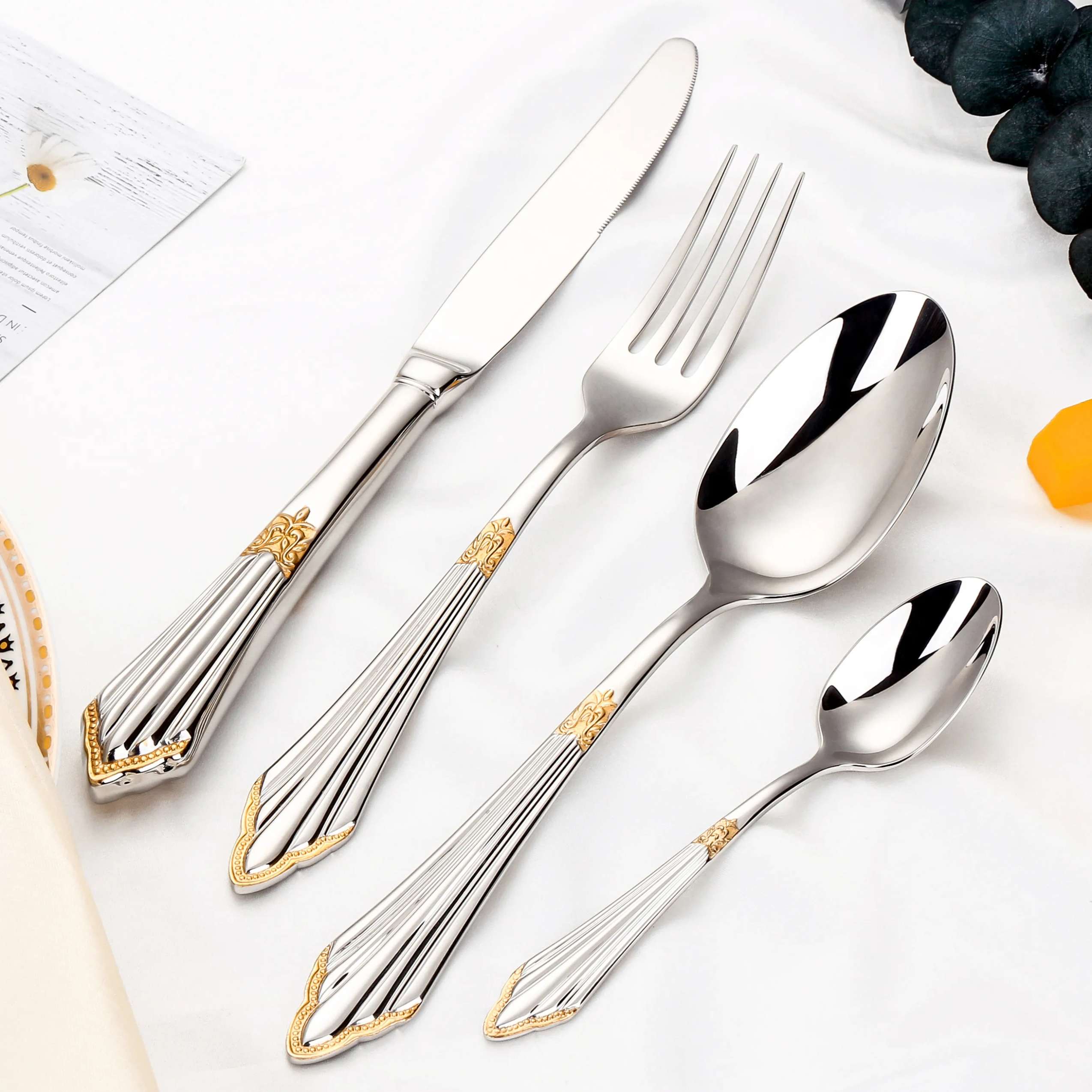 Baroque Silverware Set - Stainless Steel Flatware with Antique Detail Partial Gold