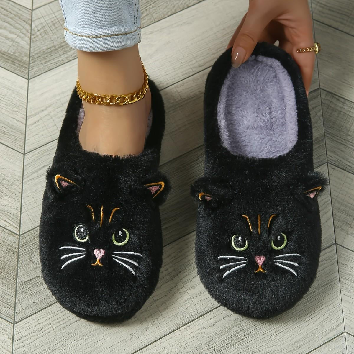Women Cat Plush Slippers Black