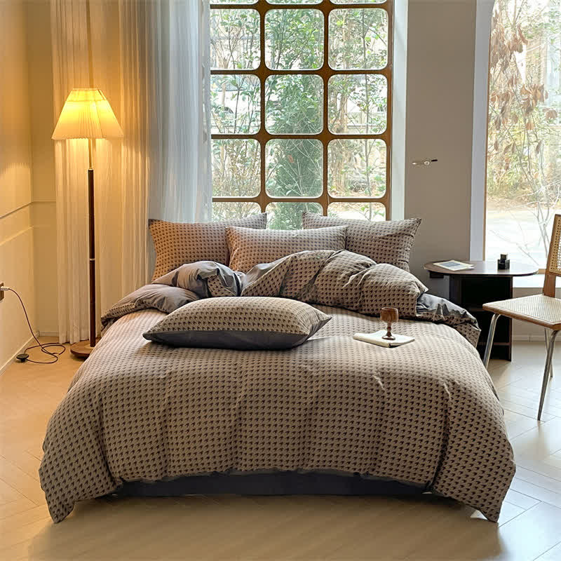 Cotton Duvet Cover & Bedding Set - Houndstooth Design Brown & Gray