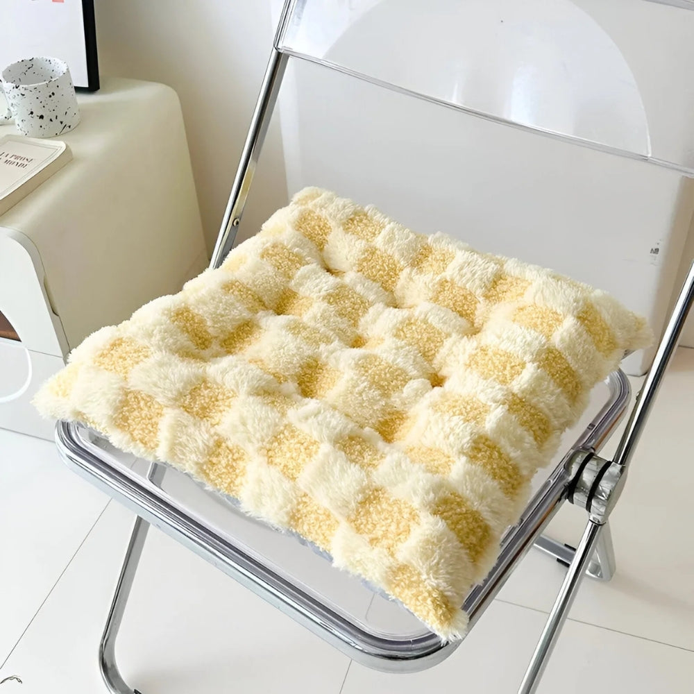 Fuzzy Checkered Fur Padded Cushion Yellow 16"x16"