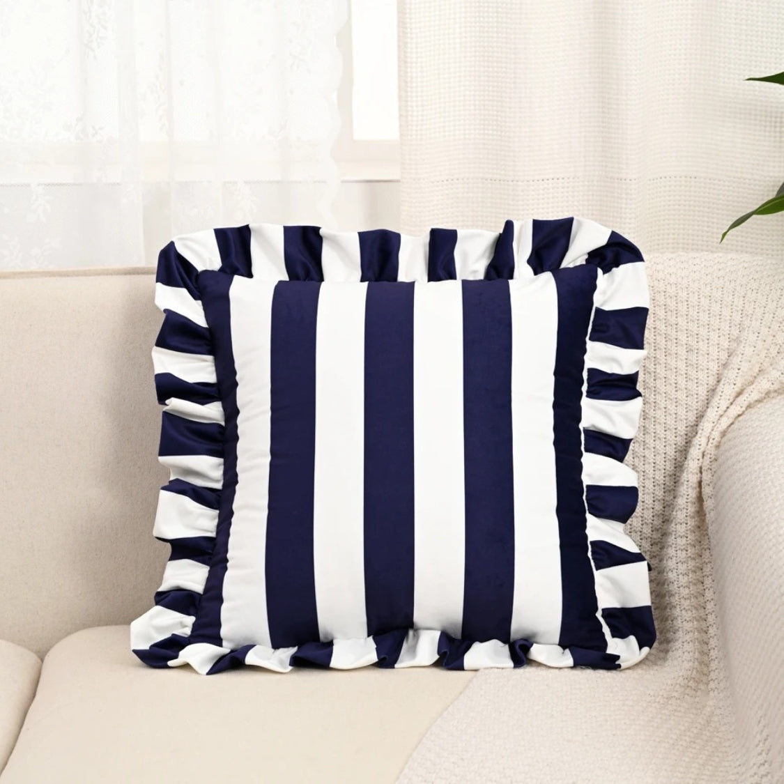 Retro Striped Ruffle Cushion Cover Midnight Stripe