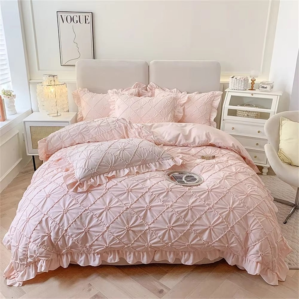 Belle Cotton Plush Ruffle Bedding | 4pcs Set Pink California King