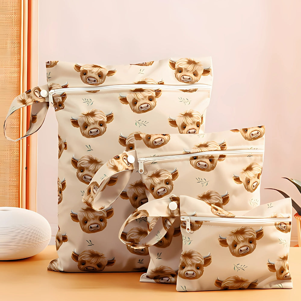 Baby Zoo Safari Print Reusable Wet Dry Bag | 3pcs Set Beige Cow