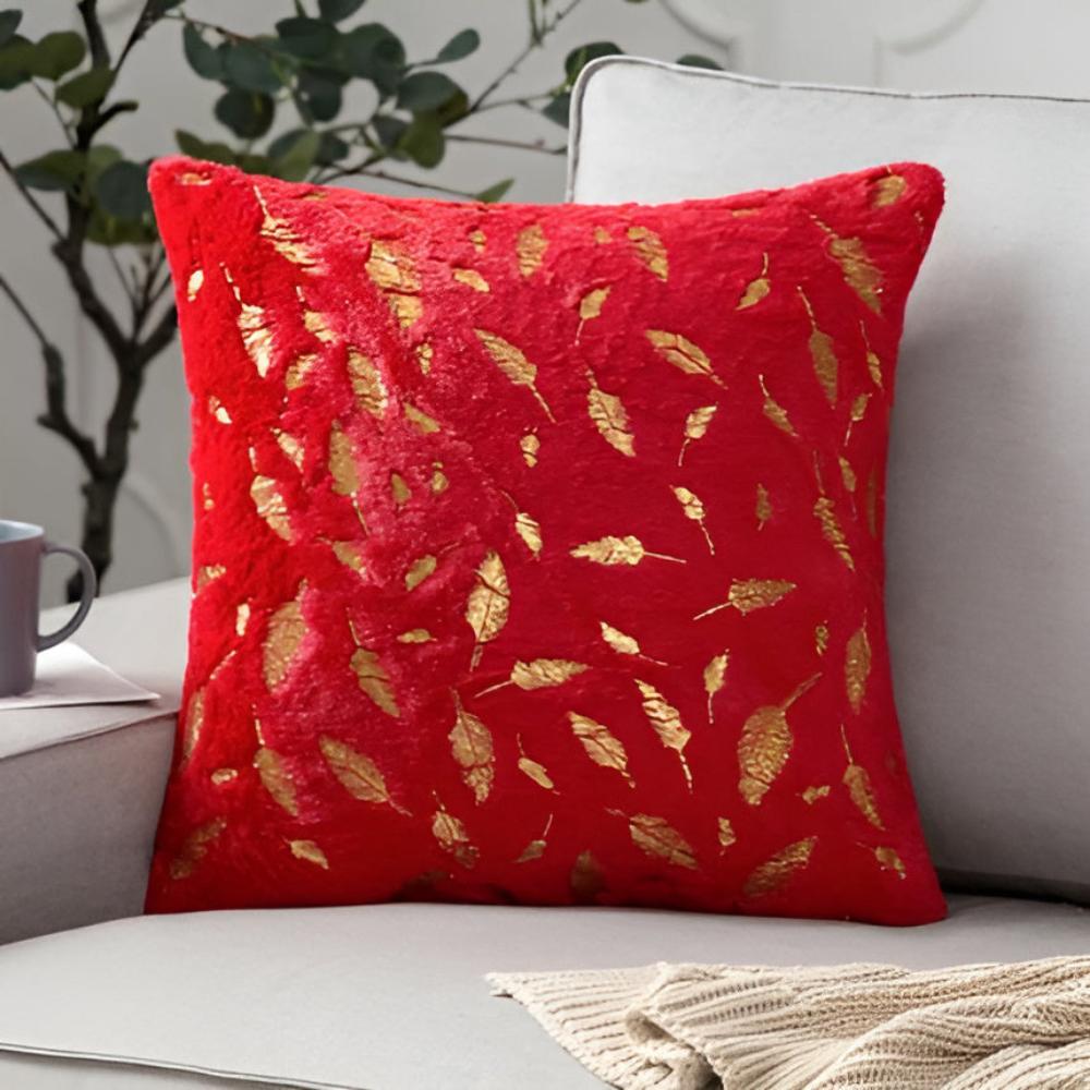Golden Leaf Velvet Cushion Covers Crimson Red