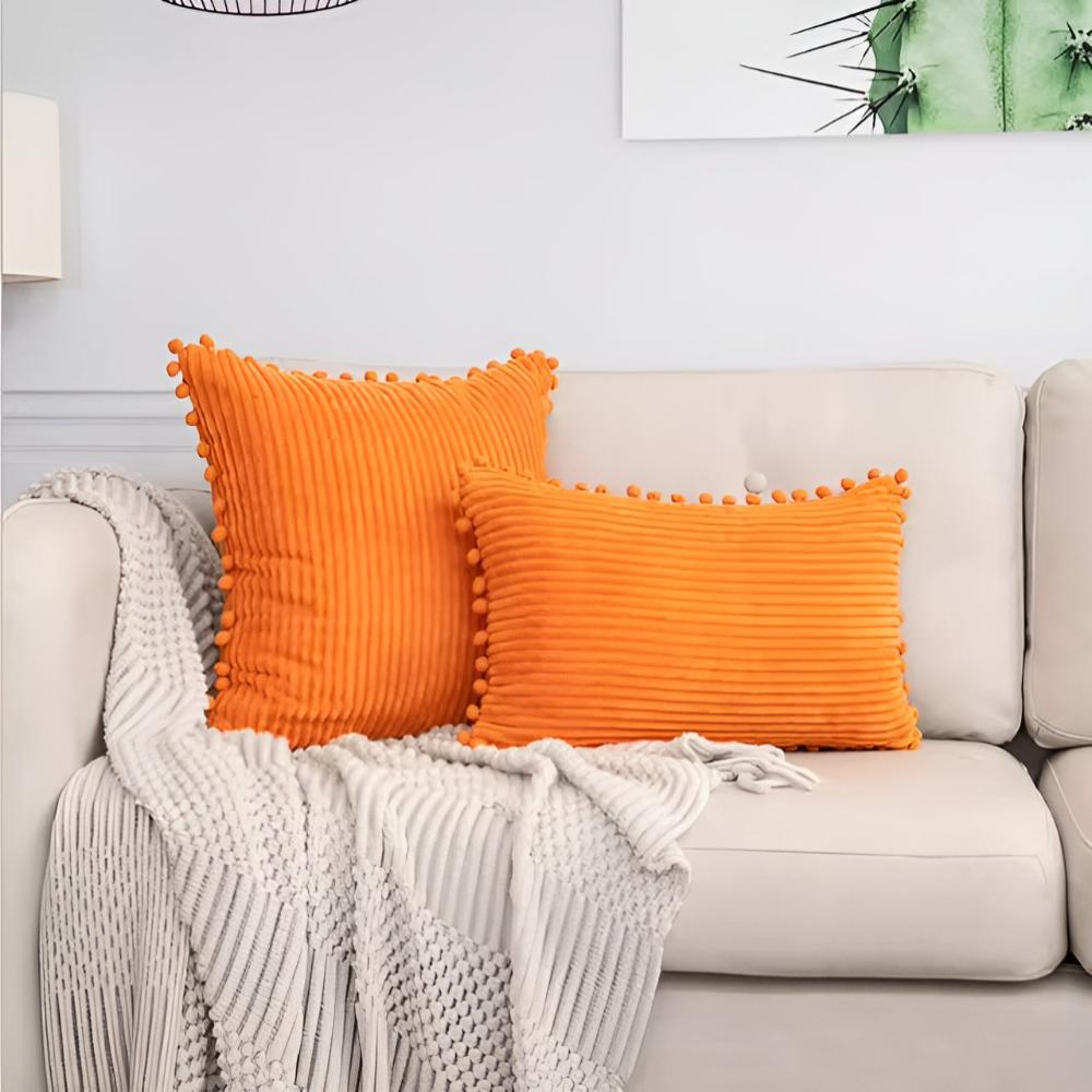 Plush Ribbed Pom-Pom Cushion Cover Orange