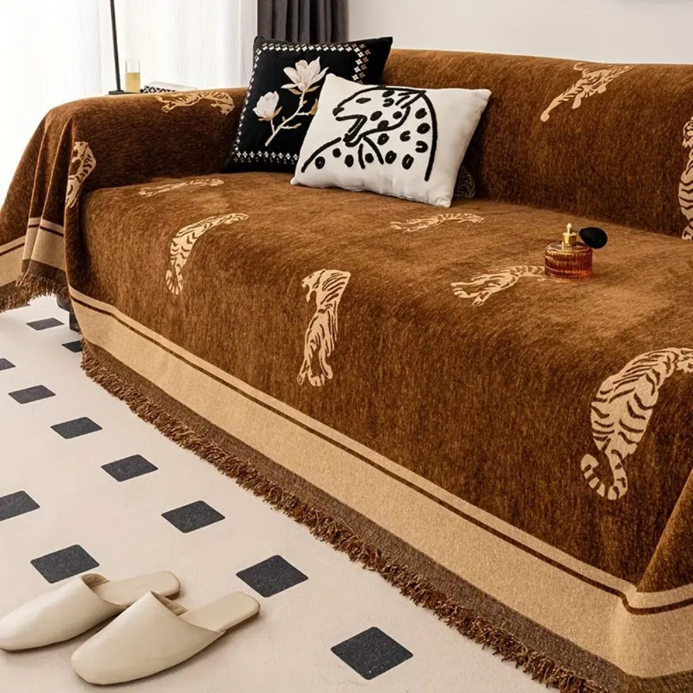 Safari Tiger Chenille Sofa Cover Chestnut Roar
