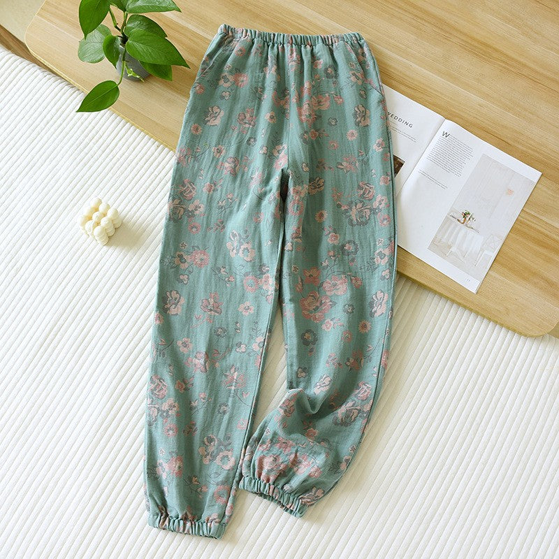 Morika Cotton Lounge Pants Green Small Flowers