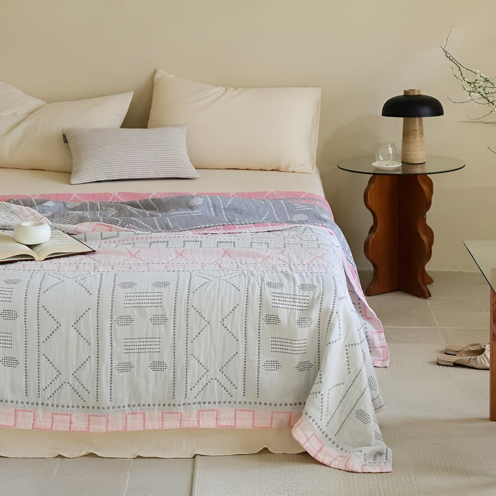 Geometric Cotton Blanket Coral Rose and Cloud Gray