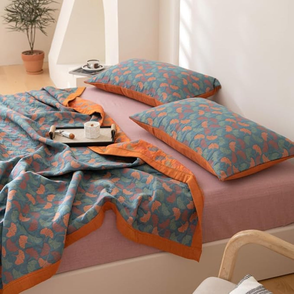 Ginkgo Leaf Print Reversible Blanket 2PCs Pillowcases