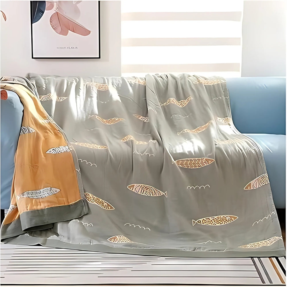 Golden Fish Cotton Gauze Reversible Blanket Sage Green