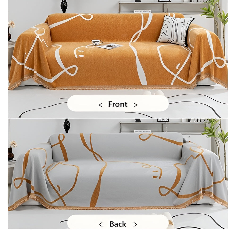 Abstract Line Reversible Chenille Sofa Cover Amber Ash