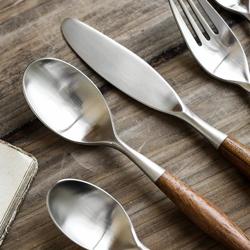 Wood Handle Flatware Set - 304 Stainless Steel Japanese Style