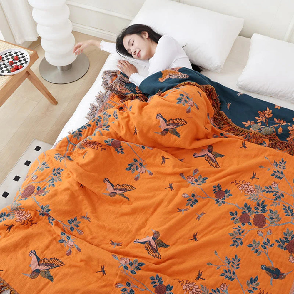 Ornate Multi-Layer Cotton Blanket Dark Blue & Orange