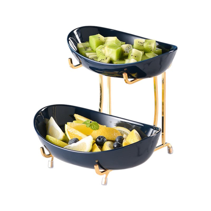 Ceramic Serving Bowls with Metal Stand Blue 2-Tier