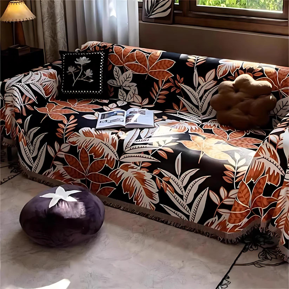 Vintage Rainforest Chenille Tassel Sofa Cover Orange