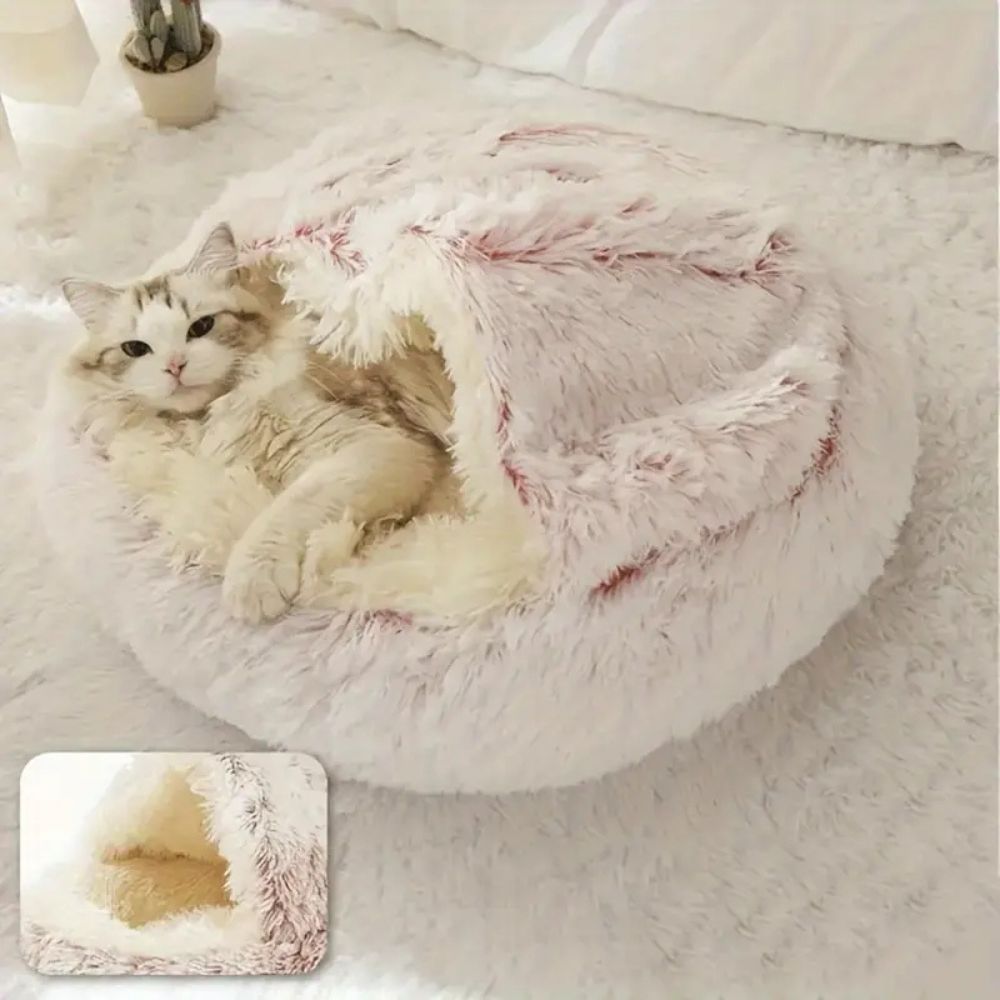 Round Hooded Faux Fur Pet Bed Blush Snow