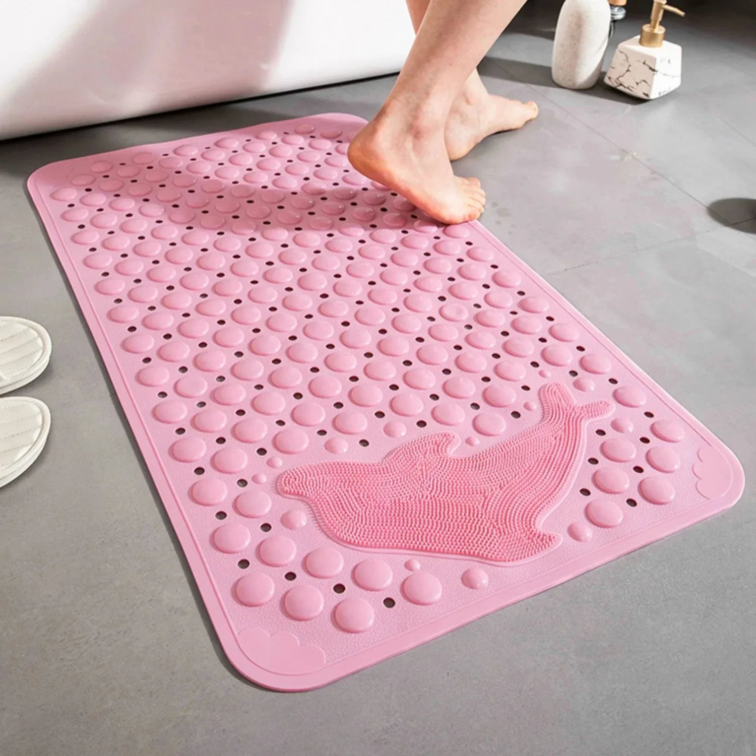Non-Slip Bathtub Mat with Foot Scrubber Pink