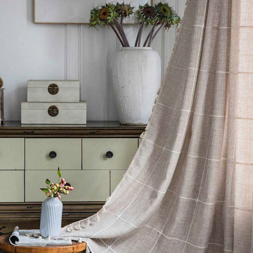 Tassel Plaid Curtain Semi Blackout Drapes Coffee Rod Pocket