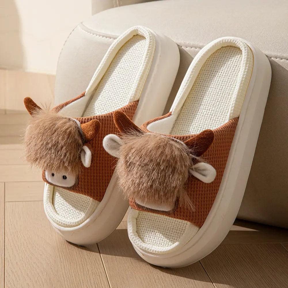 Linen Cow Women Slippers Khaki