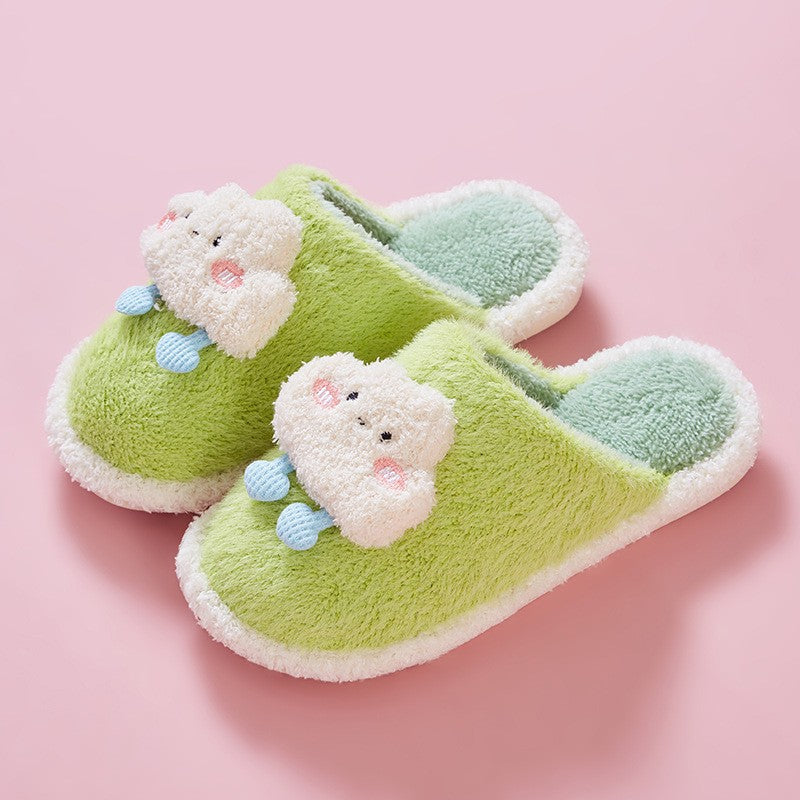 Women Cozy Plush Slippers - Cloud Design Green