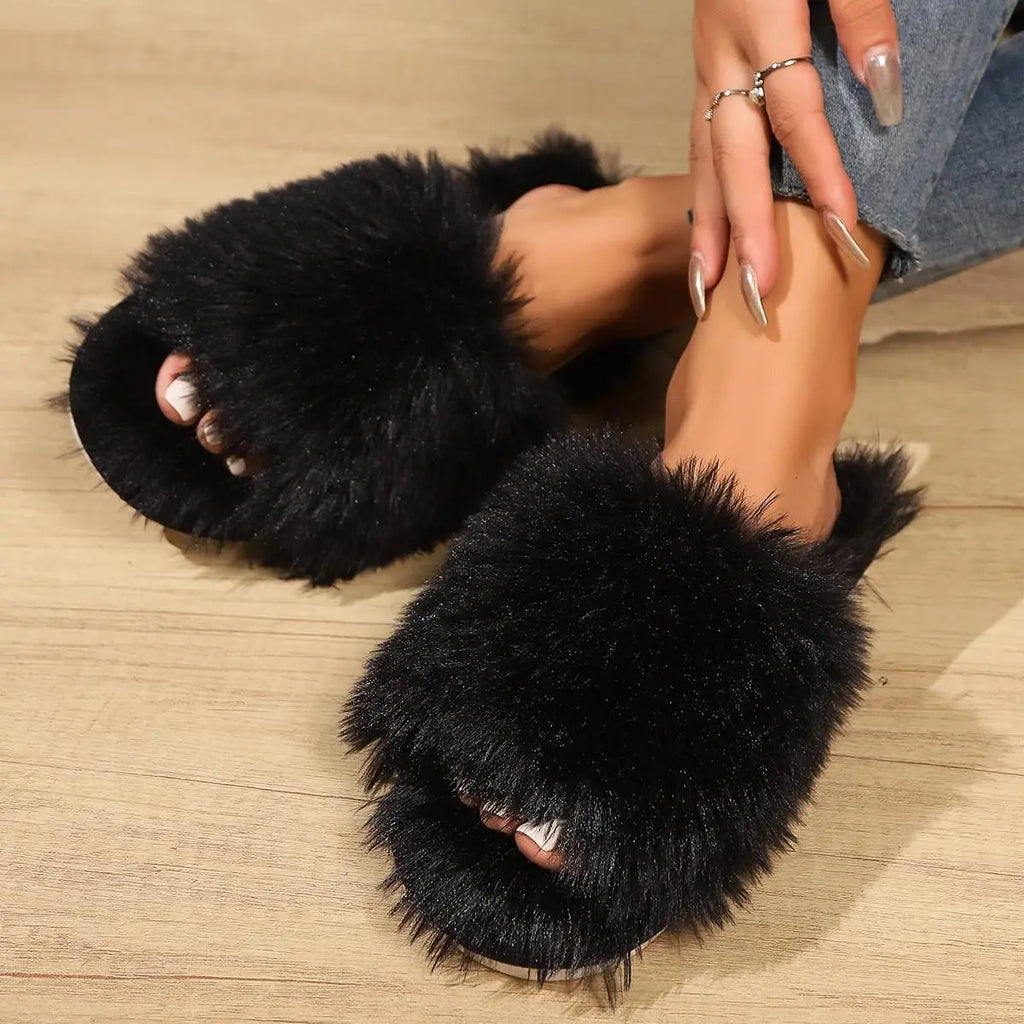 Women Fuzzy Open Toe House Slippers