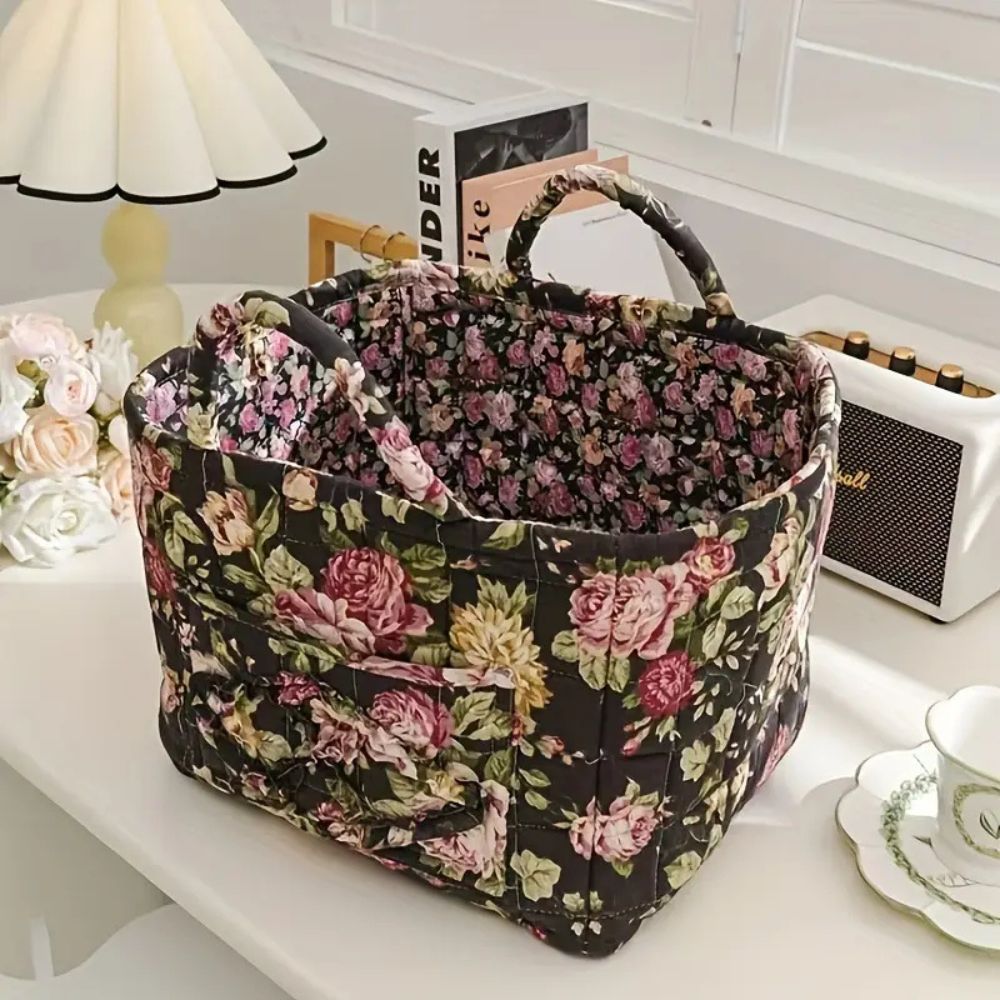Delicate Floral Canvas Storage Basket Clover 13"x11"x10"