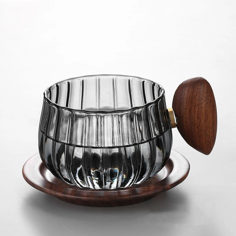 Glass Coffee & Tea Cup with Wood Handle Smoky Gray Cup + Saucer Set