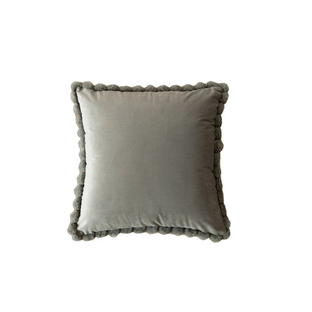 Velvet Pom-Pom Trim Cushion Cover Gray 18"x18"