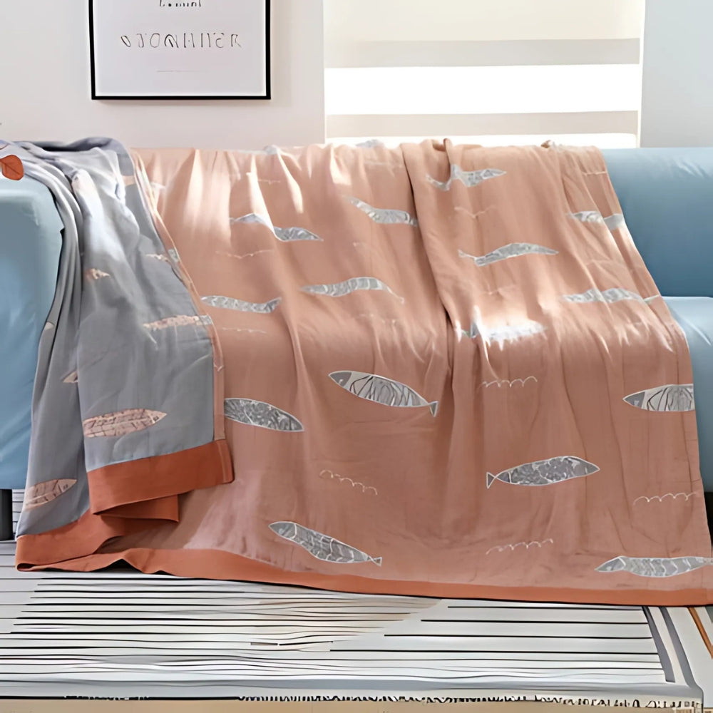 Golden Fish Cotton Gauze Reversible Blanket Soft Peach