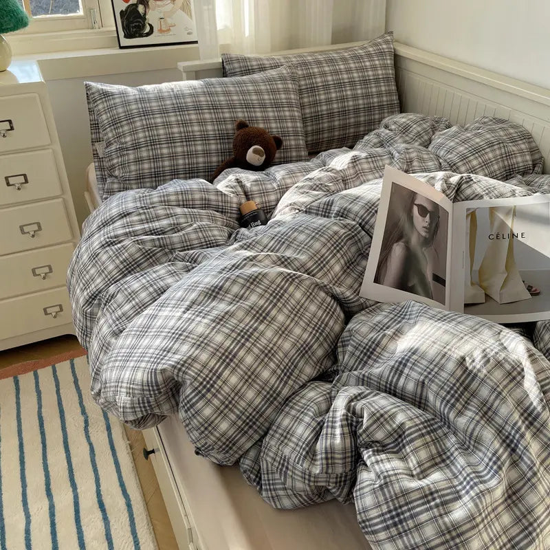 Plaid Cotton Bedding Set (4PCS) Gray