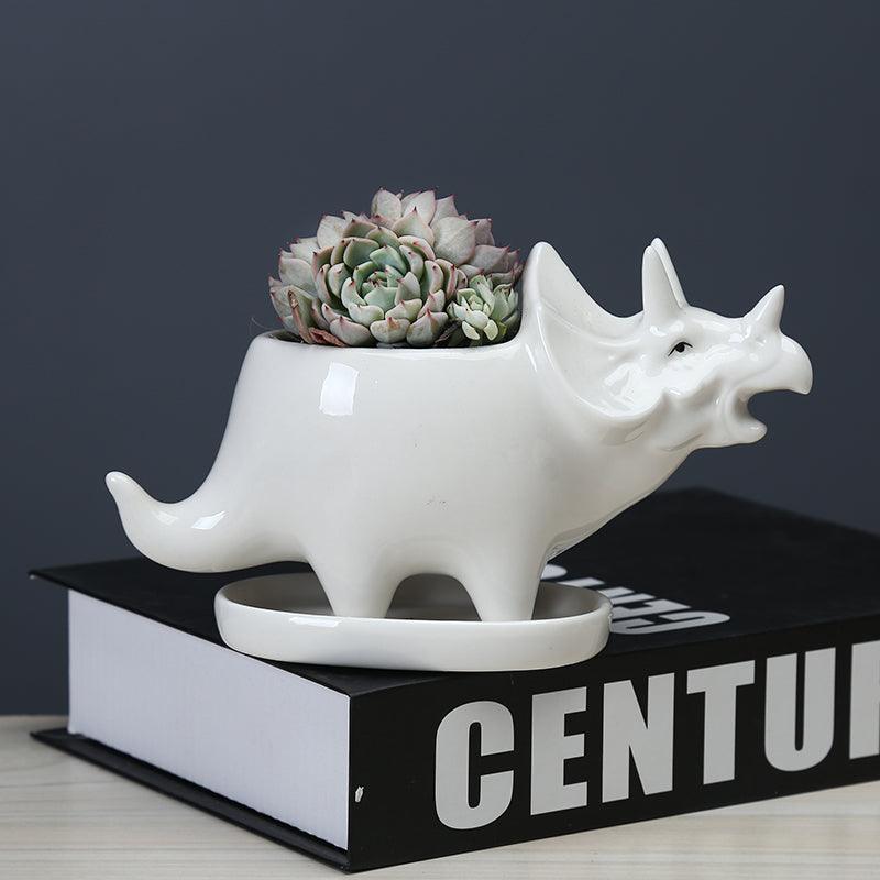 Adorable Dino Succulent Planter Pot with Drainage Tray White