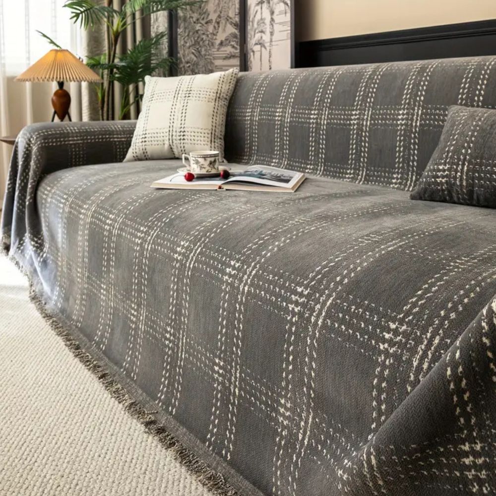 Chesterfield Plaid Sofa Cover Stone Gray