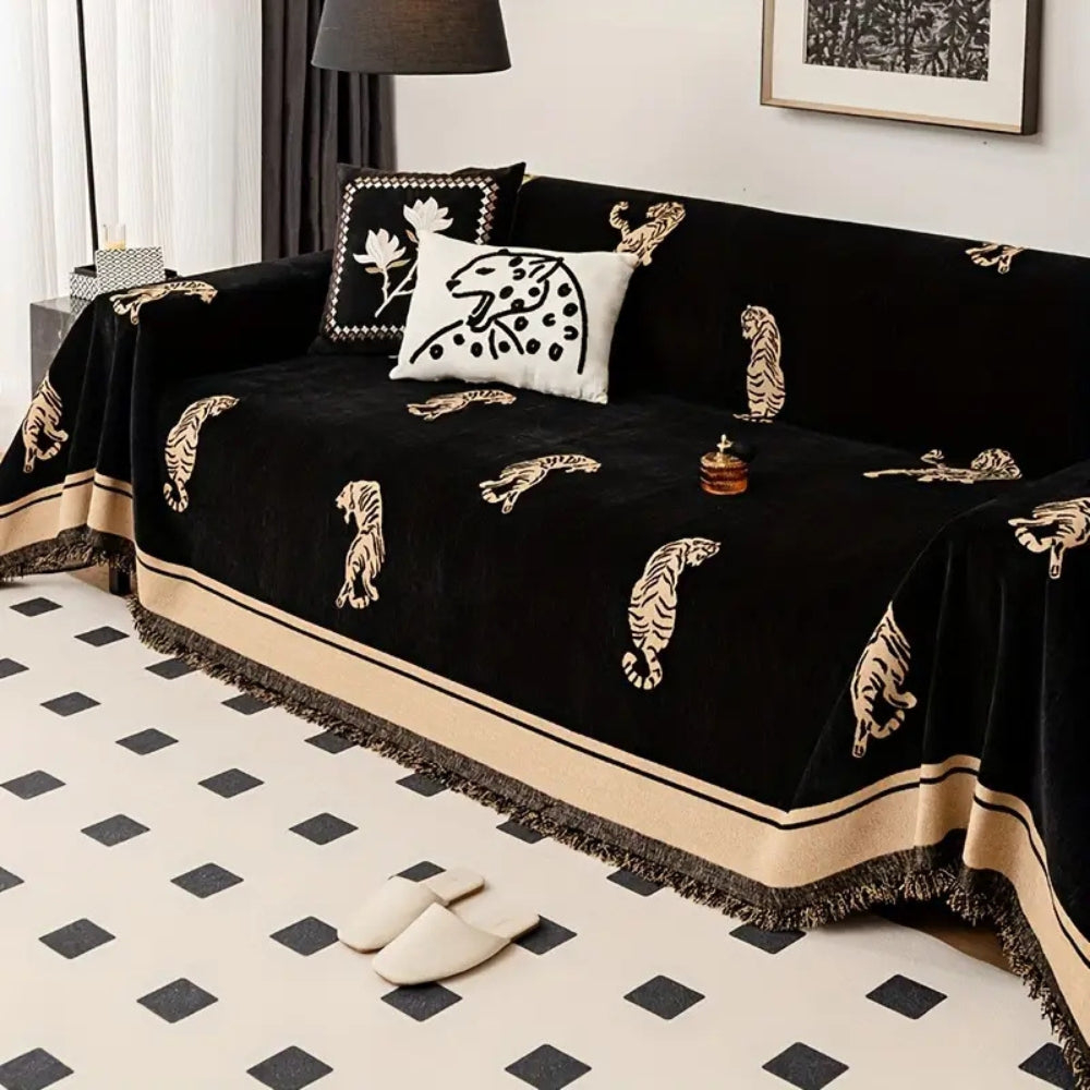 Safari Tiger Chenille Sofa Cover Midnight Panther