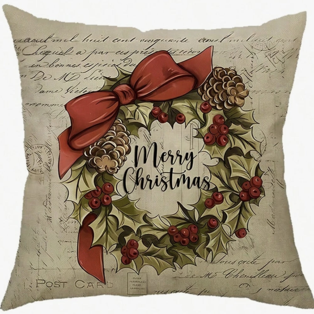 Santa's Charm Farmhouse Cushion Cover Holly Wreath