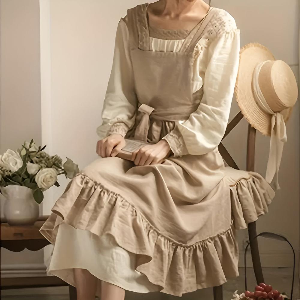 Rustic Ruffle Linen Apron Oatmeal