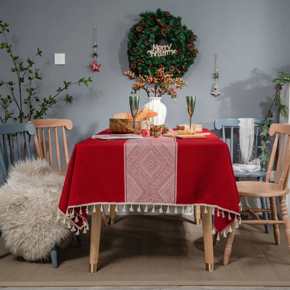 Glisstra Geometric Tassel Tablecloth Red