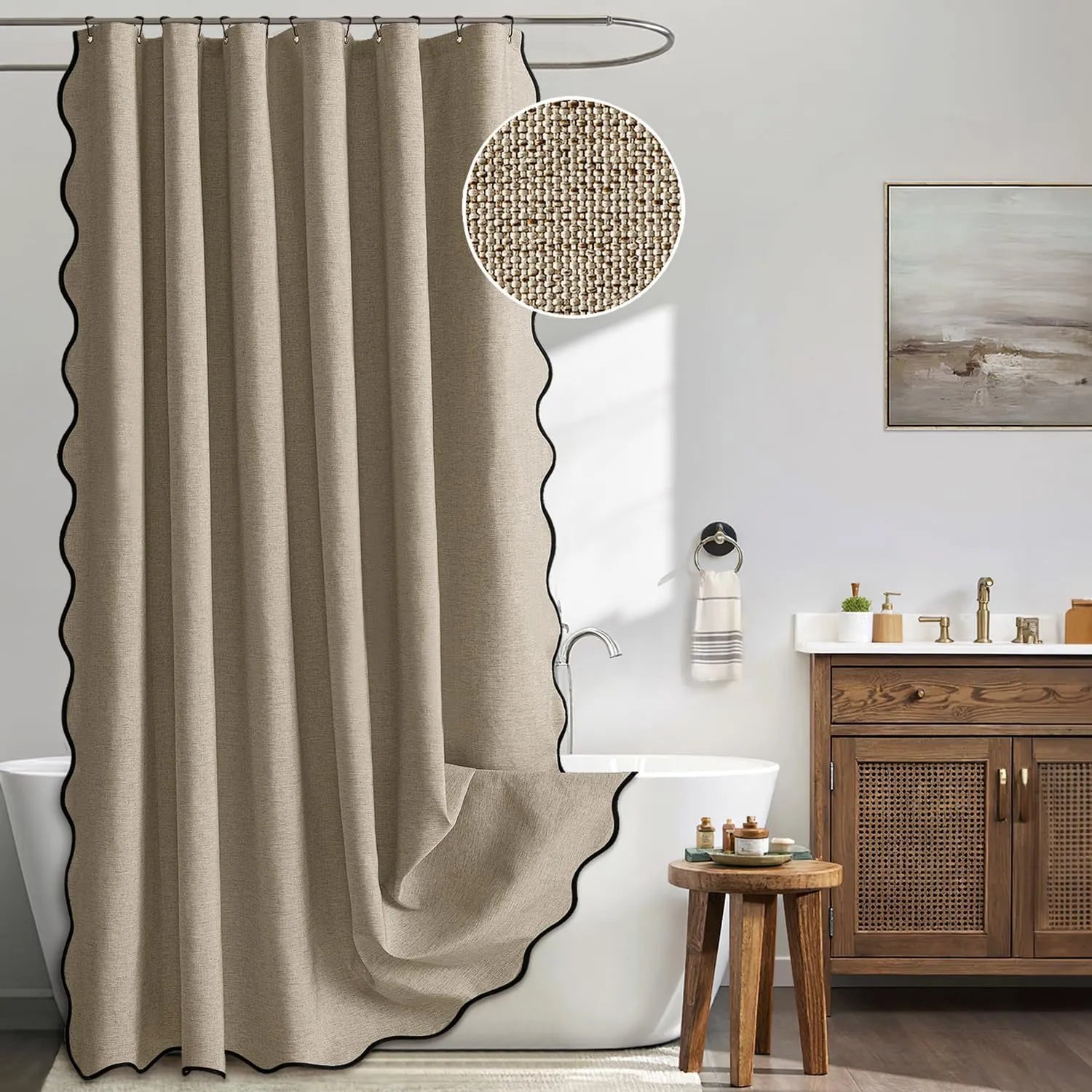 Scalloped Linen Bathroom Shower Curtain Khaki