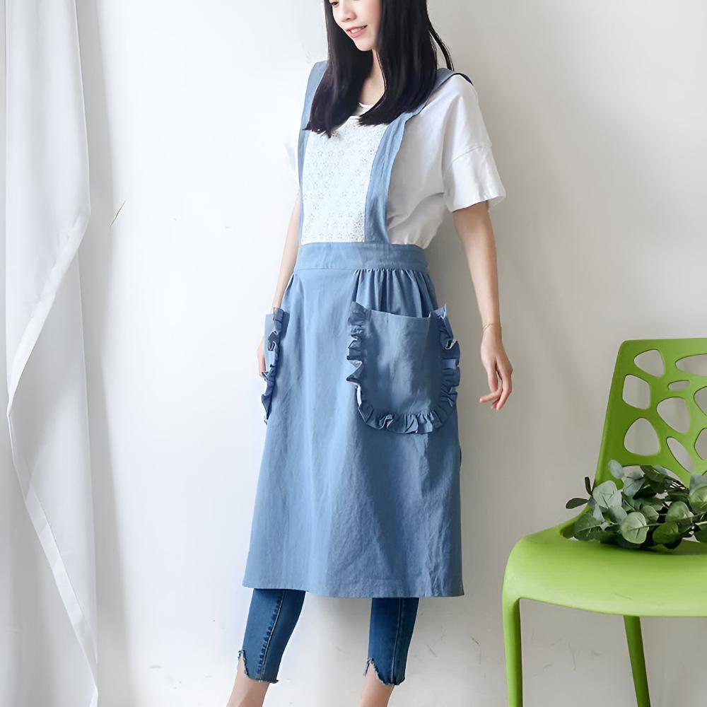 Chic Ruffle Pocket Apron Soft Blue