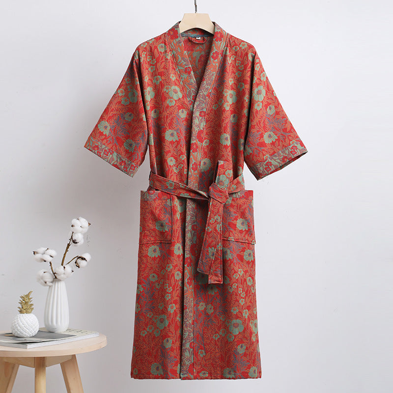 Floral Cotton Kimono Bathrobe Coral Red