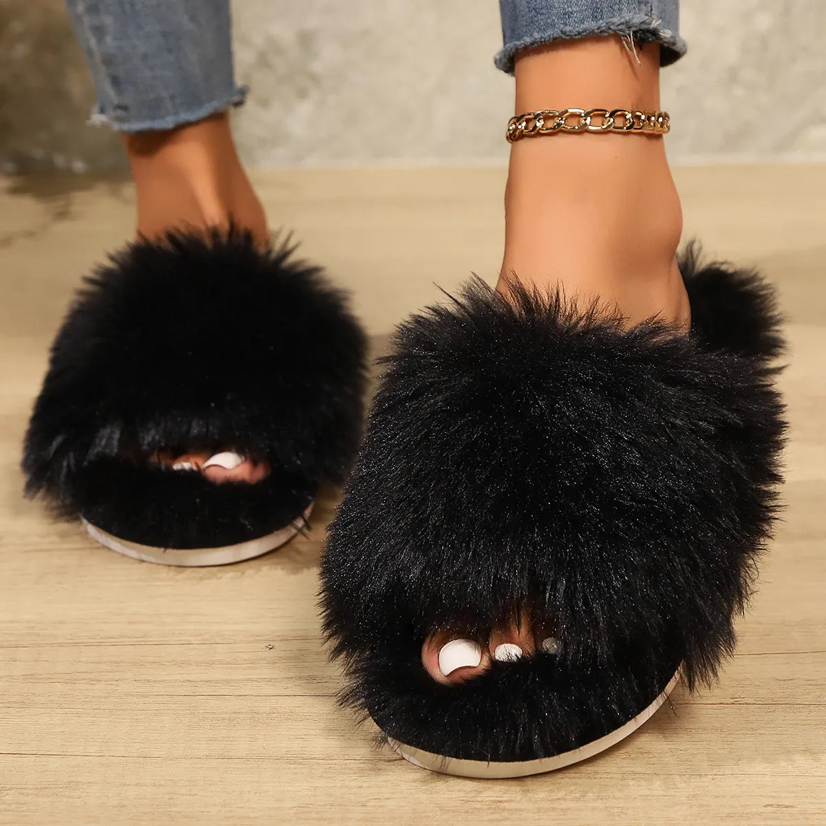 Women Fuzzy Open Toe House Slippers Black