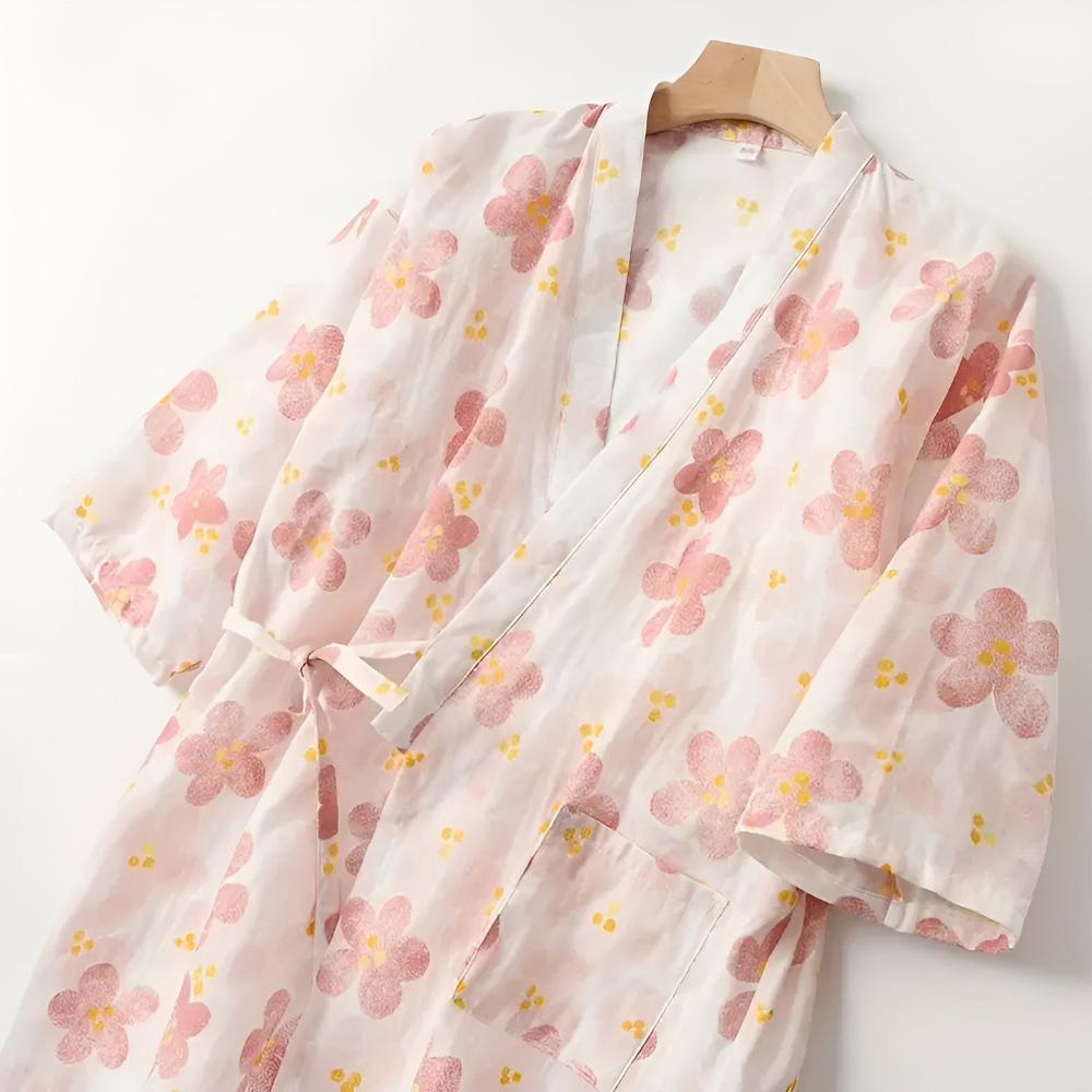 Women's Floral Pattern Cotton Bathrobe Sakura Blossom Pattern