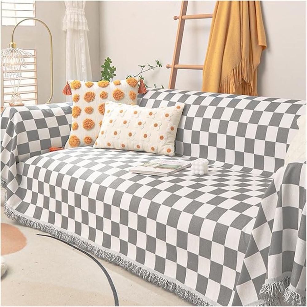 Checkerboard Anti-Scratch Sofa Cover Gray