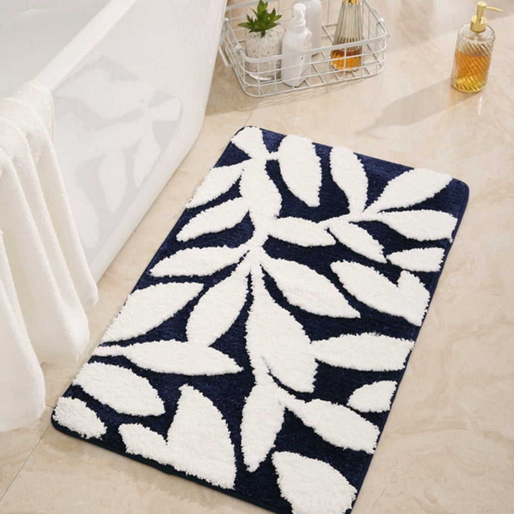 Zyphire Leaf Pattern Bath Mat Navy Leaf