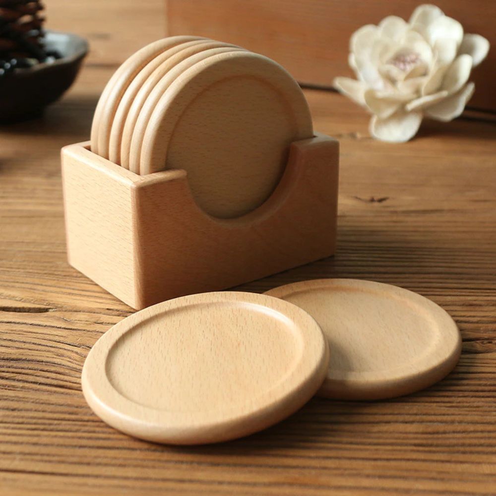 Japanese Style Wooden Coaster | 6pcs Set Natural Beech