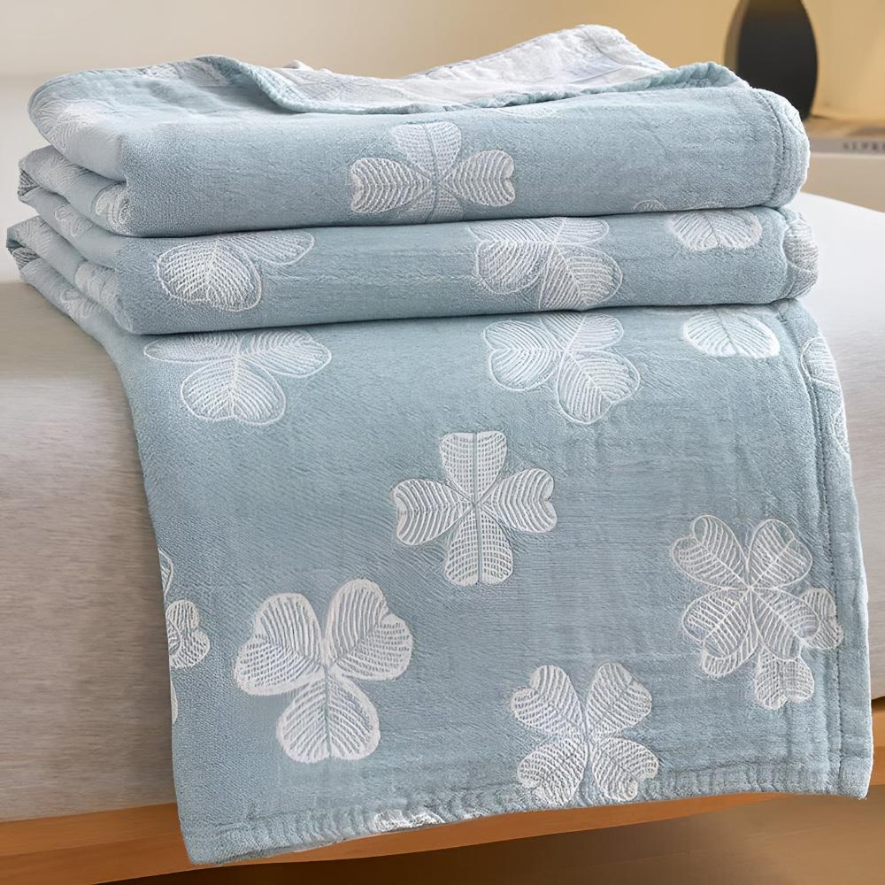 Four Clover Leaf Cotton Blanket Misty Blue