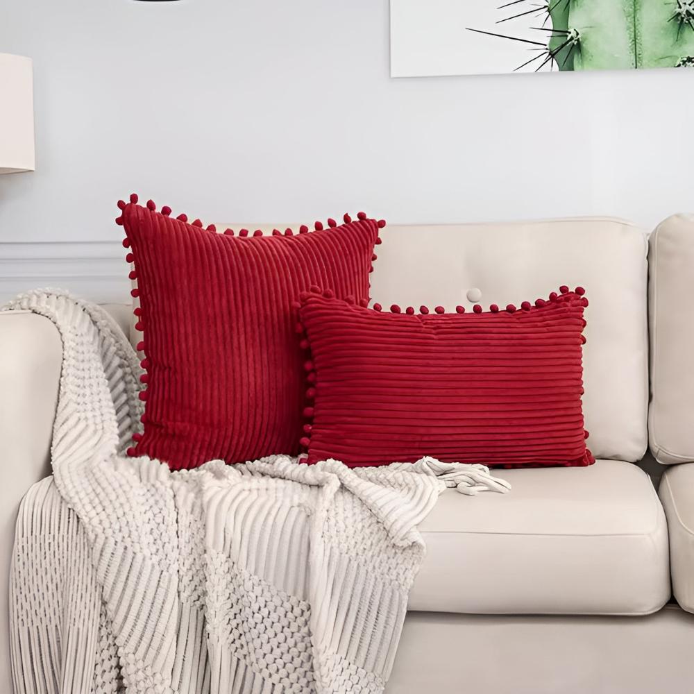 Plush Ribbed Pom-Pom Cushion Cover Red