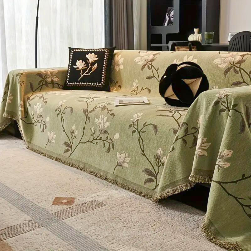 Vintage Floral Chenille Sofa Cover Green White