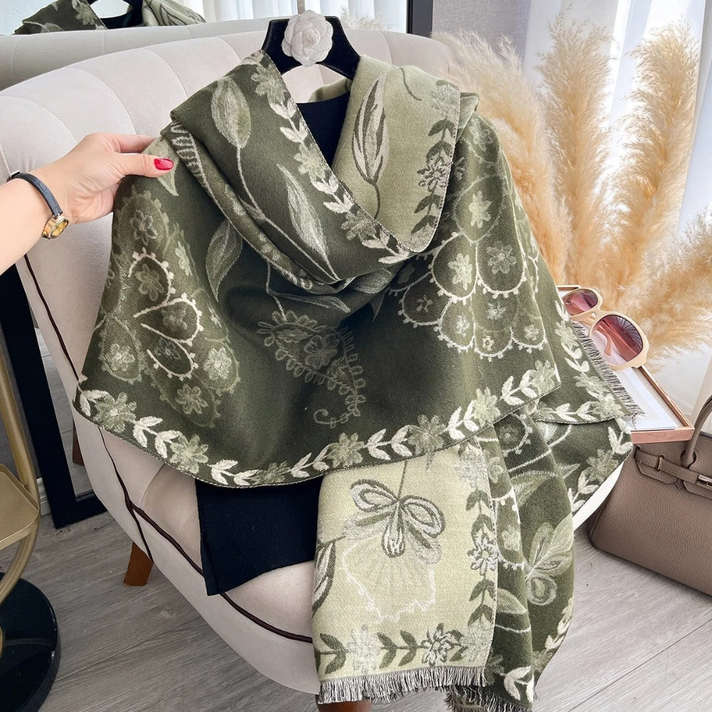 Elegant Double-Sided Floral Winter Shawl Scarf Olive Leaf